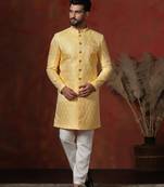 yellow jacquard blend indo western and pyjama set for men with printed design