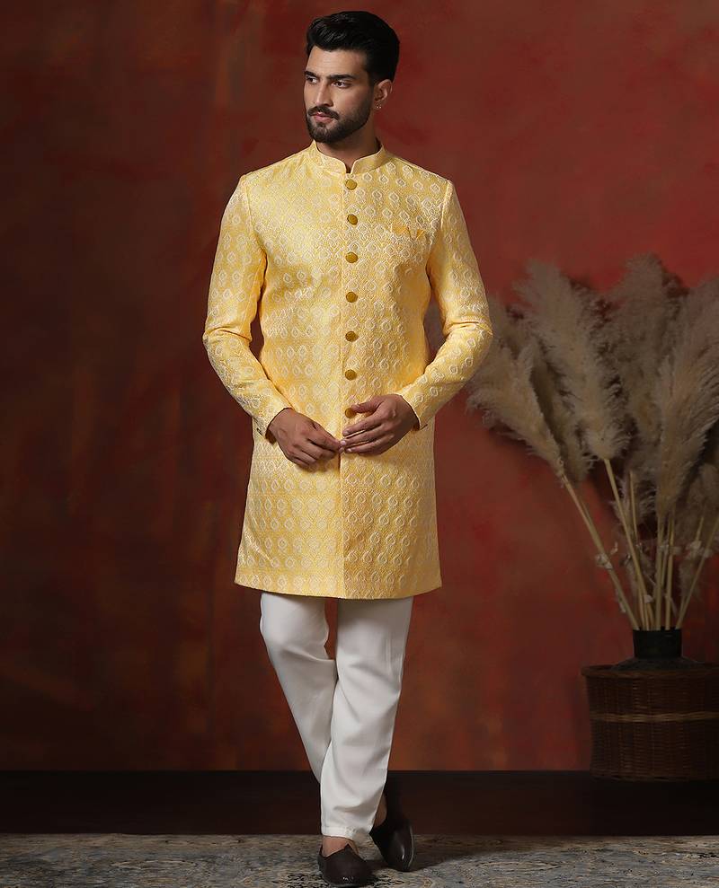 yellow jacquard blend indo western and pyjama set for men with printed design