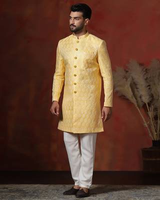 yellow jacquard blend indo western and pyjama set for men with printed design 2