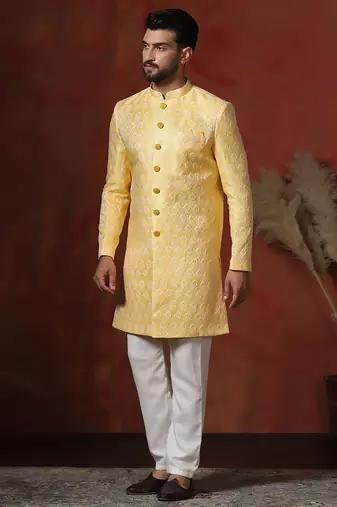 yellow jacquard blend indo western and pyjama set for men with printed design