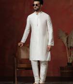 cream dupion kurta pyjama set for men with solid design