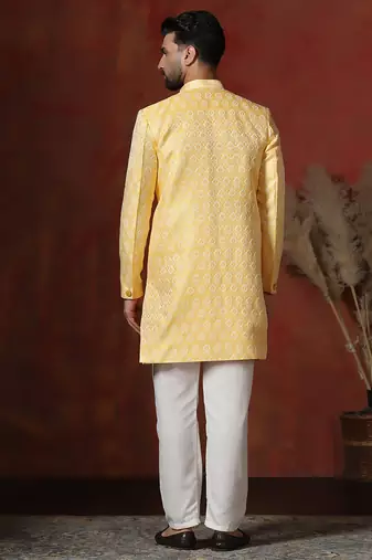 yellow jacquard blend indo western and pyjama set for men with printed design