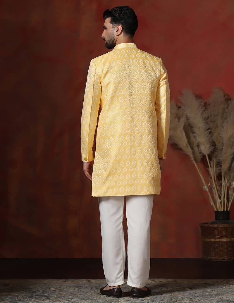 yellow jacquard blend indo western and pyjama set for men with printed design