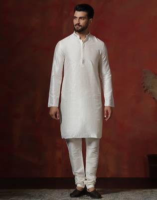 cream dupion kurta pyjama set for men with solid design 2