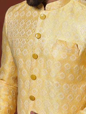 yellow jacquard blend indo western and pyjama set for men with printed design 4