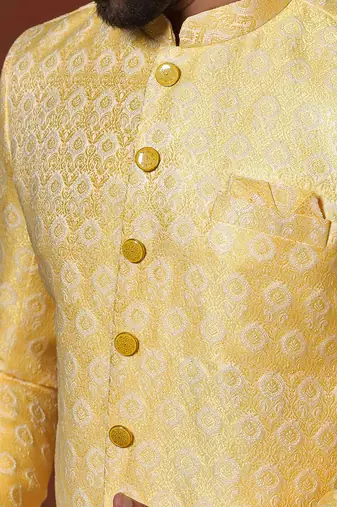 yellow jacquard blend indo western and pyjama set for men with printed design