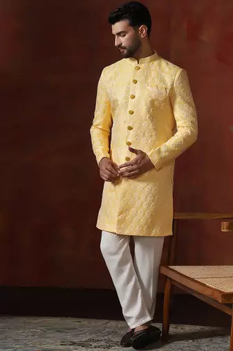 yellow jacquard blend indo western and pyjama set for men with printed design