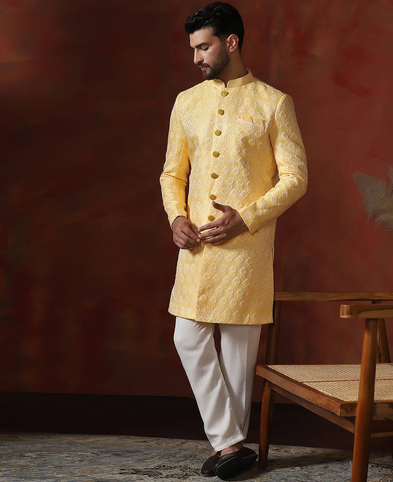 yellow jacquard blend indo western and pyjama set for men with printed design