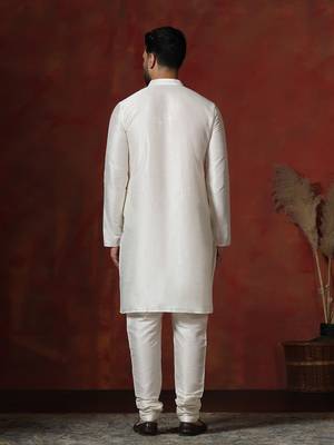 cream dupion kurta pyjama set for men with solid design 4