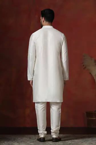 cream dupion kurta pyjama set for men with solid design