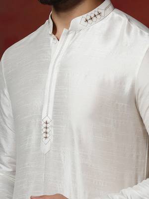 cream dupion kurta pyjama set for men with solid design 5