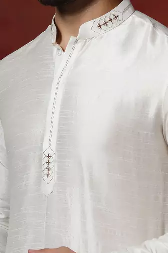 cream dupion kurta pyjama set for men with solid design