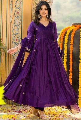 Dark purple silk embroidered zari work anarkali with pant and dupatta set 1