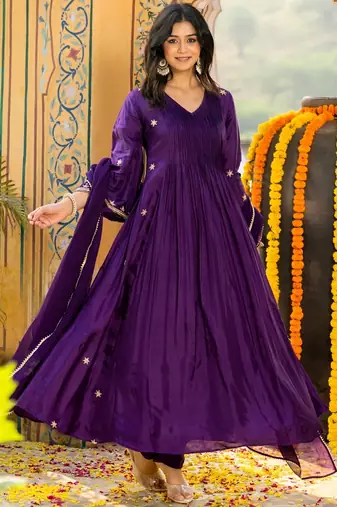 Dark purple silk embroidered zari work anarkali with pant and dupatta set