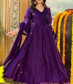 Dark purple silk embroidered zari work anarkali with pant and dupatta set