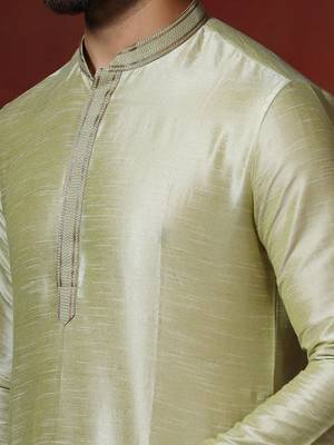 green dupion kurta pyjama set for men with solid design 5