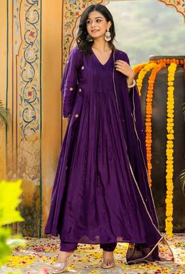 Dark purple silk embroidered zari work anarkali with pant and dupatta set 2