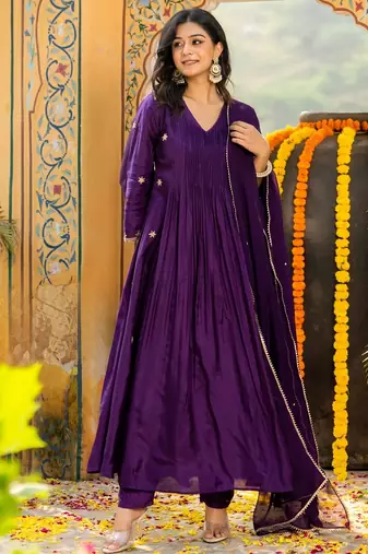 Dark purple silk embroidered zari work anarkali with pant and dupatta set