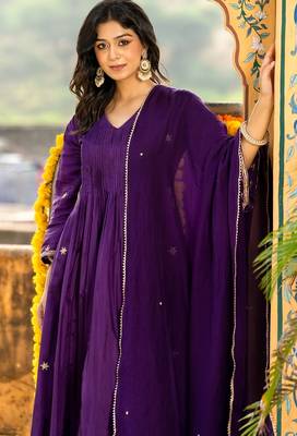 Dark purple silk embroidered zari work anarkali with pant and dupatta set 3