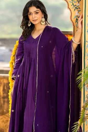 Dark purple silk embroidered zari work anarkali with pant and dupatta set