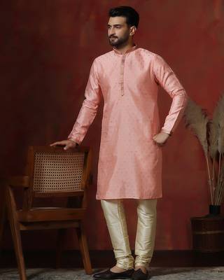 peach dupion kurta pyjama set for men with printed design 1