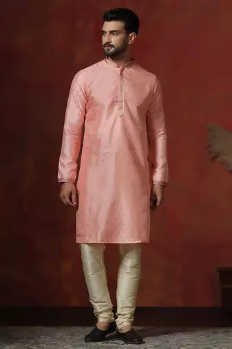 peach dupion kurta pyjama set for men with printed design