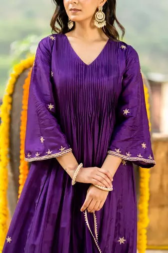 Dark purple silk embroidered zari work anarkali with pant and dupatta set