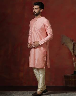 peach dupion kurta pyjama set for men with printed design 3