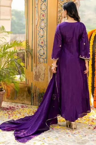 Dark purple silk embroidered zari work anarkali with pant and dupatta set