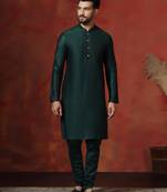 green dupion kurta pyjama set for men with solid design