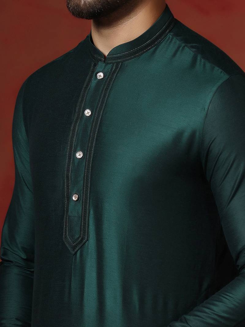 green dupion kurta pyjama set for men with solid design