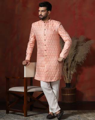 peach jacquard blend Sherwani and pyjama set for men with printed design 1