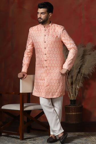 peach jacquard blend indo western and pyjama set for men with printed design