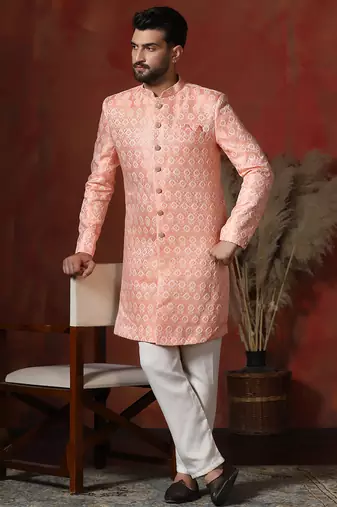 peach jacquard blend indo western and pyjama set for men with printed design