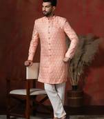 peach jacquard blend indo western and pyjama set for men with printed design