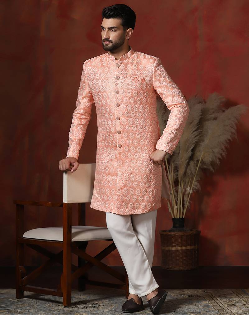 peach jacquard blend indo western and pyjama set for men with printed design