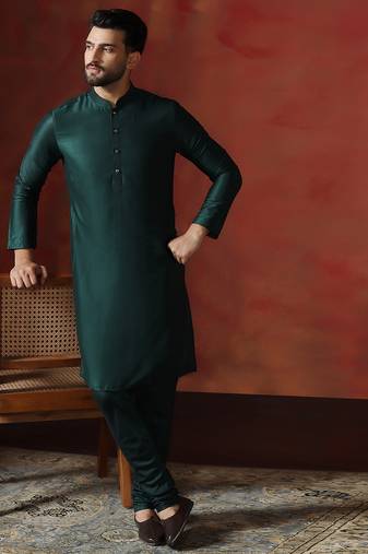 Green dupion kurta pyjama set for men with printed design