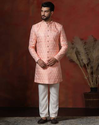 peach jacquard blend Sherwani and pyjama set for men with printed design 2