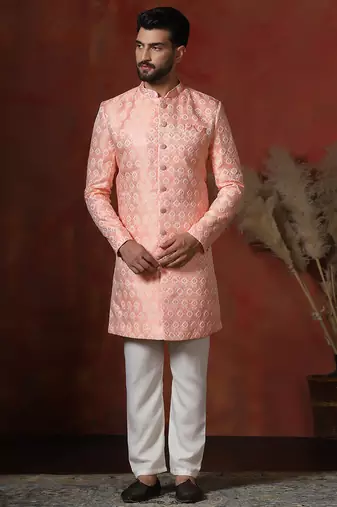 peach jacquard blend Sherwani and pyjama set for men with printed design