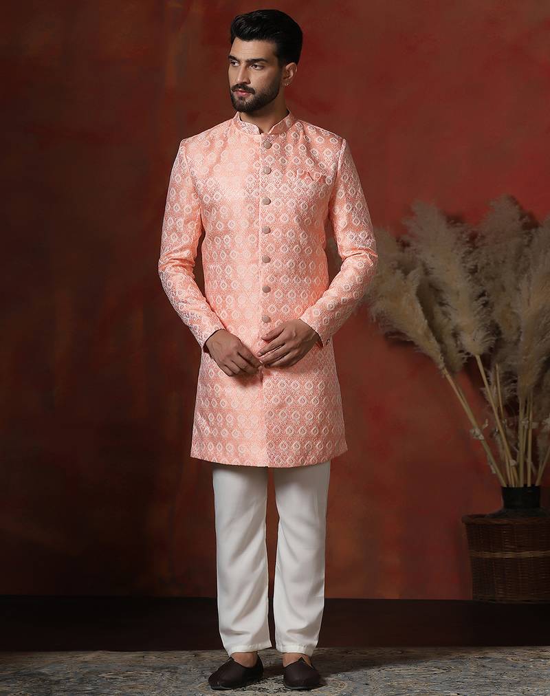peach jacquard blend indo western and pyjama set for men with printed design