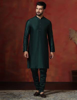 Green dupion kurta pyjama set for men with printed design 2