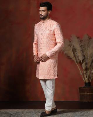 peach jacquard blend Sherwani and pyjama set for men with printed design 3