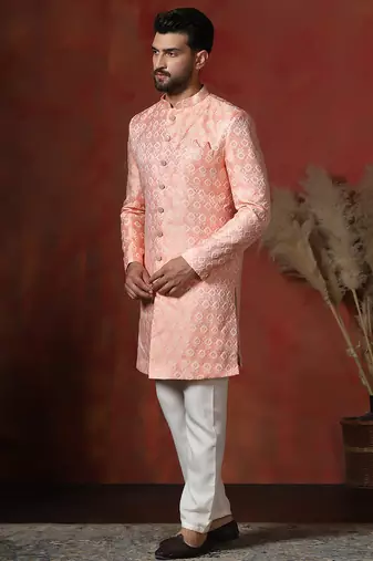 peach jacquard blend Sherwani and pyjama set for men with printed design