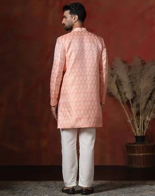peach jacquard blend Sherwani and pyjama set for men with printed design 4