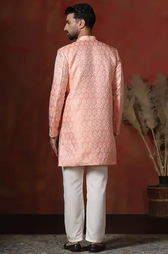 peach jacquard blend Sherwani and pyjama set for men with printed design