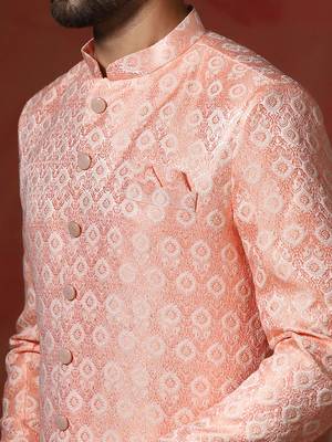 peach jacquard blend Sherwani and pyjama set for men with printed design 5