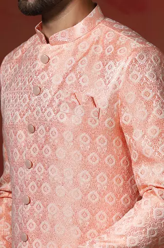 peach jacquard blend Sherwani and pyjama set for men with printed design