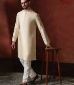 cream dupion kurta pyjama set for men with solid design