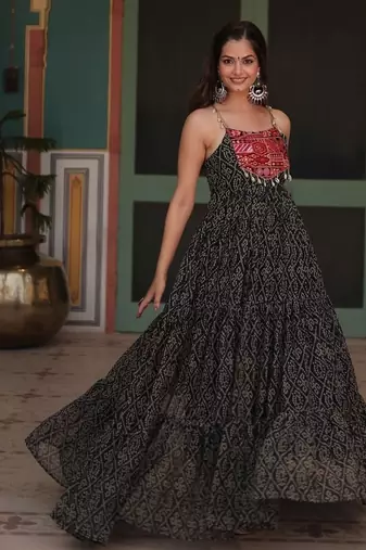 Black Faux Georgette Printed Gown     Stylish Festive & Everyday Party Wear