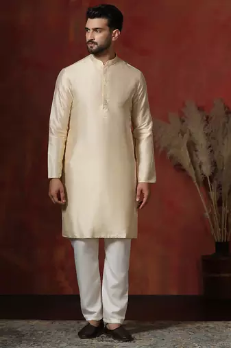 cream dupion kurta pyjama set for men with solid design